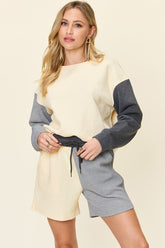 Double Take Full Size Contrast Drop Shoulder Top and Shorts Set Cloudy Blue OutfitFlow